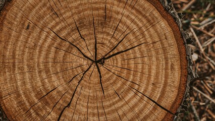 Fototapeta premium Close-up of a tree trunk cross-section showing growth rings and cracks in the wood.