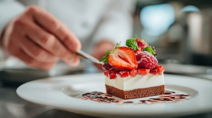 A chef works in a busy kitchen. He uses a small spoon to place fresh fruit and sauce on a dessert. The cake sits on a white plate waiting to be served to customers soon