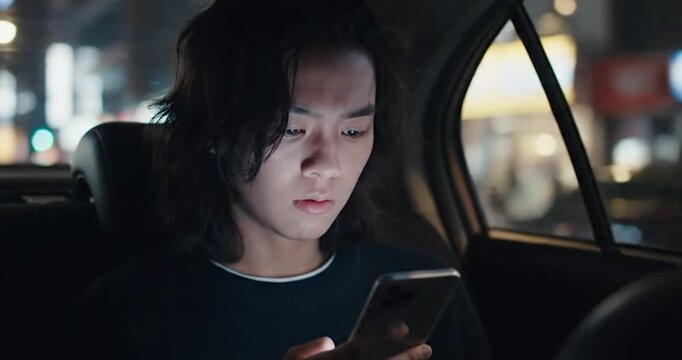 Regretful person in taxi looking at phone realizing party got better after leaving. Social regret concept.