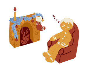 Hand drawn gingerbread man sleeping in armchair near fireplace with candle and festive decorations isolated on white background. This illustration represents cozy winter rest comfort