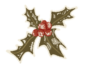 Hand drawn holly branch with red berries and frosted leaves isolated on white background in decorative style. This illustration represents winter nature Christmas symbolism