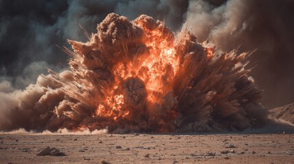 An explosion occurs in a desert area, sending a large cloud of dust and flames into the sky. The scene shows a dramatic display of energy and destruction in a barren landscape