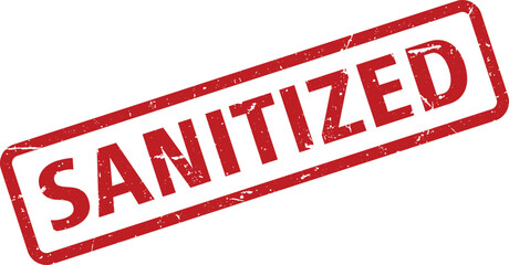 Distressed Red Sanitized Stamp on White Background Ensuring Cleanliness and Hygiene Standards