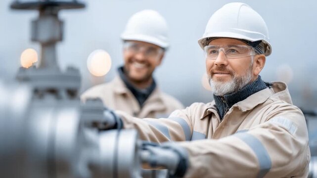 Engineers at Work: Two engineers are working diligently on a industrial project. A close-up showcases the dedication and teamwork required to achieve precise outcomes.