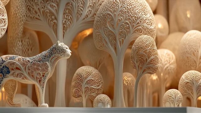 Artistic cheetah sculpture in a fantasy forest environment digital illustration