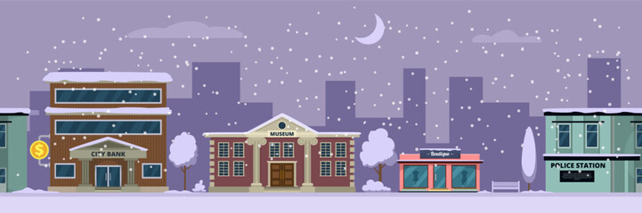 Obraz premium A city street with a bank, a school, and a store