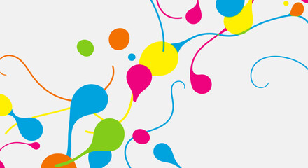 Vibrant colorful abstract illustration with multicolored droplets and swirling lines on white background for creative designs