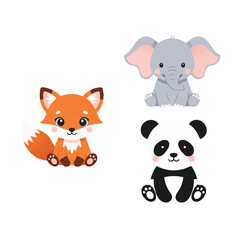 Fototapeta premium Adorable baby animals 2D flat vector illustration set featuring a charming red fox kit, a sweet gray elephant calf, and a friendly giant panda cub isolated on a clean white background.