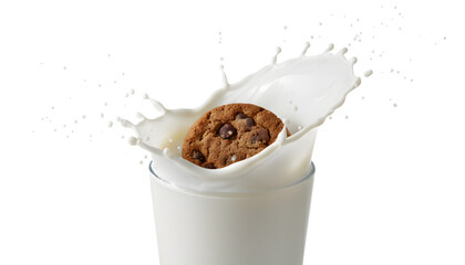 Chocolate Chip Cookie Splashing into Glass of Milk with Dynamic White Background