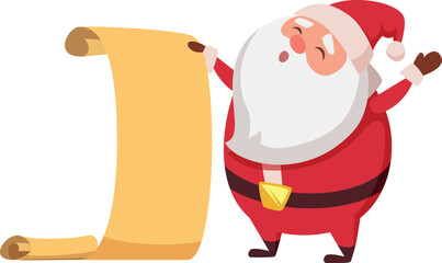 A cartoon of Santa Claus holding a scroll with a blank space on it