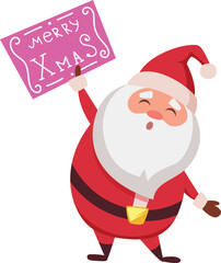 A cartoonish santa holding a sign that says Merry Christmas