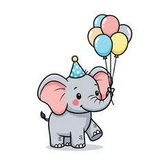 A bright and cheerful baby elephant character, illustrated with a simple, playful 2D flat style, stands isolated on a clean white background, ideal for nursery decor or baby announcements.