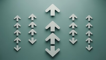 Gray 3d arrows pointing up and down on green background for business or finance concepts