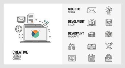 Graphic design elements and creative concepts on laptop screen with various icons, representing digital art and development tools