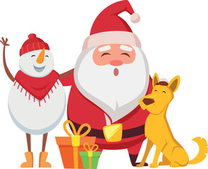 A cartoon of a dog and a snowman with a santa standing between them