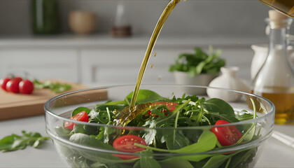 Preparing a fresh green salad with arugula, cherry tomatoes, and olive oil in a modern kitchen