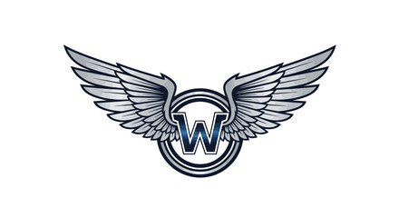 Obraz premium Detailed illustration of a stylized winged letter w logo with silver wings and blue accents on a white background for branding or design use