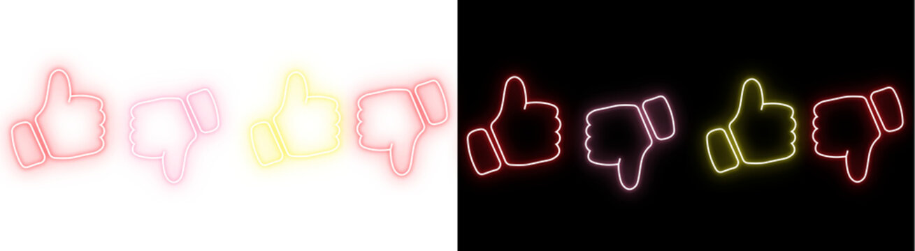 PNG image of&nbsp;Glowing neon style like and dislike icons transition across a showcasing vibrant red yellow and pink feedback symbols on transparent background