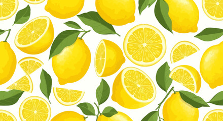 Vibrant illustration of lemons and lemon slices with green leaves on white background, citrus fruit pattern