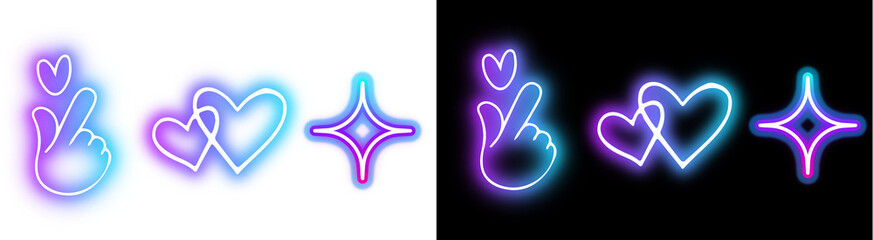 PNG image of Vibrant neon glow icons featuring korean finger heart symbols and sparkling hearts perfect for digital design overlays and aesthetic backgrounds on transparent background © rehena