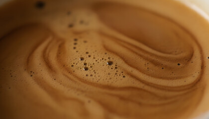 Close-up of coffee foam with swirling patterns and bubbles in a cup, morning beverage concept