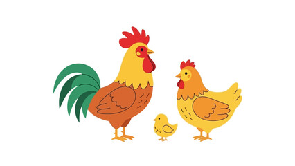 Cute Rooster, Hen, and Chick cartoon family illustration on white background