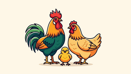 Cute Cartoon Chicken Family with Rooster, Hen, and Chick, Vector Illustration