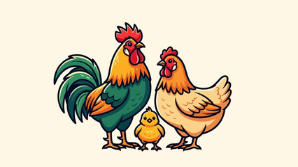 Cartoon Family of Chickens, Rooster, Hen and Chick, Farm Animals Illustration