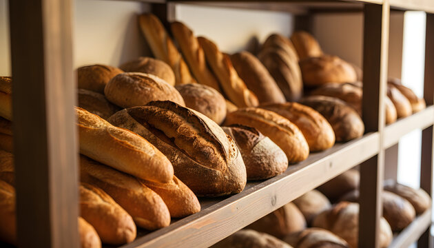 Freshly baked bread loaves on wooden shelves in a bakery or store display case.
