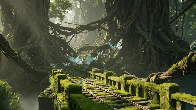 Enchanted forest bridge with butterflies and fantastical creatures.