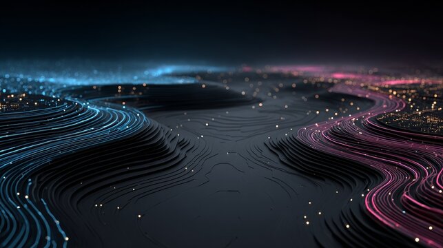 Dynamic Textured Landscape with Vibrant Blue and Pink Light Trails Representing Digital Connectivity and Futuristic Design - Powered by Adobe
