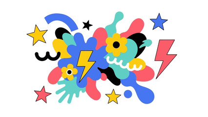 Vibrant Abstract Explosion of Shapes, Stars, and Flowers - Dynamic Graphic Design