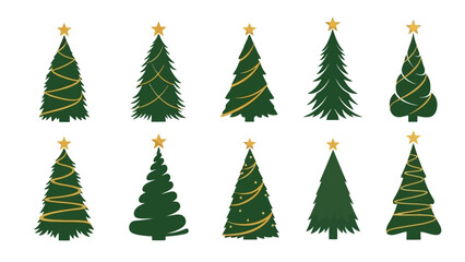Set of Diverse Green Christmas Trees with Golden Stars and Garlands