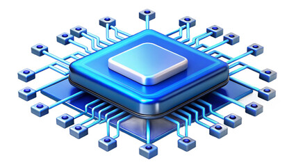 A stylized representation of a blue computer processor unit and circuit board