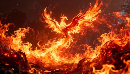 Fototapeta premium Majestic fiery phoenix rises from an inferno of powerful orange flames