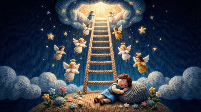 Boy sleeping with angels climbing Jacobs ladder to heaven in a knitted biblical scene. Christian story for children concept for Sunday school.