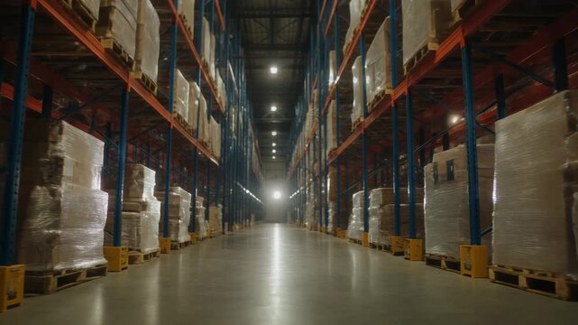 Inside a modern, vast logistics warehouse with towering shelves stocked with goods and packages on pallets, ready for shipping and distribution.