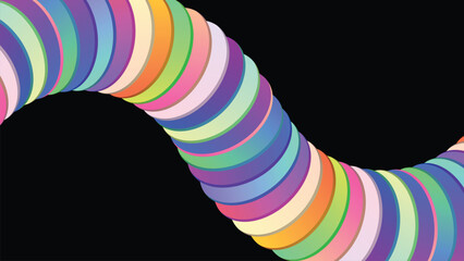 Abstract background colorful spiral geometry design. Winding tube shape dynamic creative digital art. Modern illustration composed of rounded colorful elements on black background.