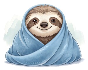 Obraz premium Cute baby sloth wrapped in a cozy blue blanket, smiling