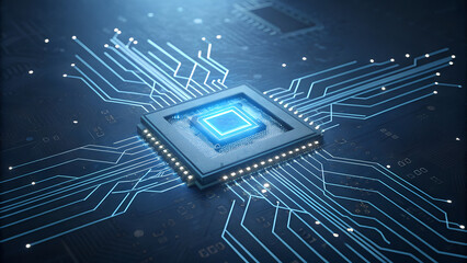 Futuristic view of a central processing unit and data flow on a high-tech circuit board