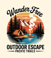 Pixel Art Camping Adventure: Outdoor Escape & Mountain Trails t shirt design