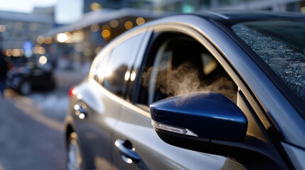 A close-up shot of steam rising from the side mirror of a car on a chilly winter morning, capturing the essence of frosty weather and the everyday life in a bustling urban environment.
