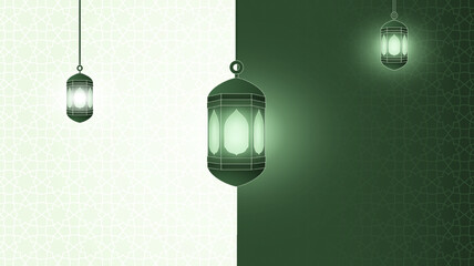 Islamic background with lighting lantern in green and white design. elegant Islamic background