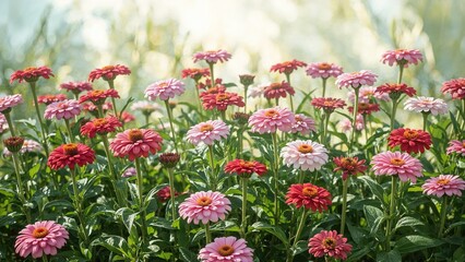 Colorful flowers in a garden. Bright blossoms and green leaves. Nature and floral display. A vibrant and lively garden scene.