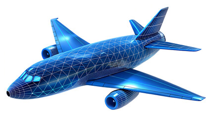 A sleek, futuristic blue airplane concept with glowing wireframe pattern