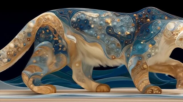 Artistic depiction of a large cat with flowing patterns against a dark backdrop