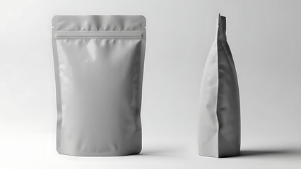 matte finish snack pouch mockup, realistic wrinkled texture, front and side view, bright studio lighting highlighting the matte finish and shape of the packaging--v 6.1 --ar 16:9 --q 2"
