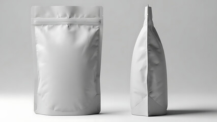 matte finish snack pouch mockup, realistic wrinkled texture, front and side view, bright studio lighting highlighting the matte finish and shape of the packaging--v 6.1 --ar 16:9 --q 2"