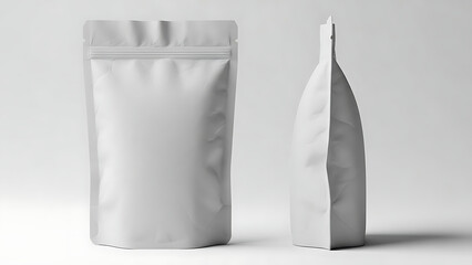 matte finish snack pouch mockup, realistic wrinkled texture, front and side view, bright studio lighting highlighting the matte finish and shape of the packaging--v 6.1 --ar 16:9 --q 2"