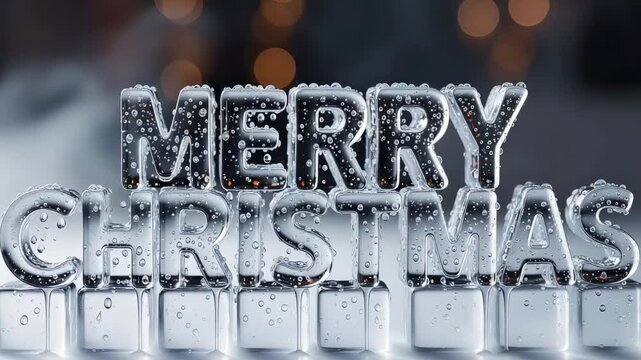 Merry Christmas ice cube text with water droplets and cold mist vapor
